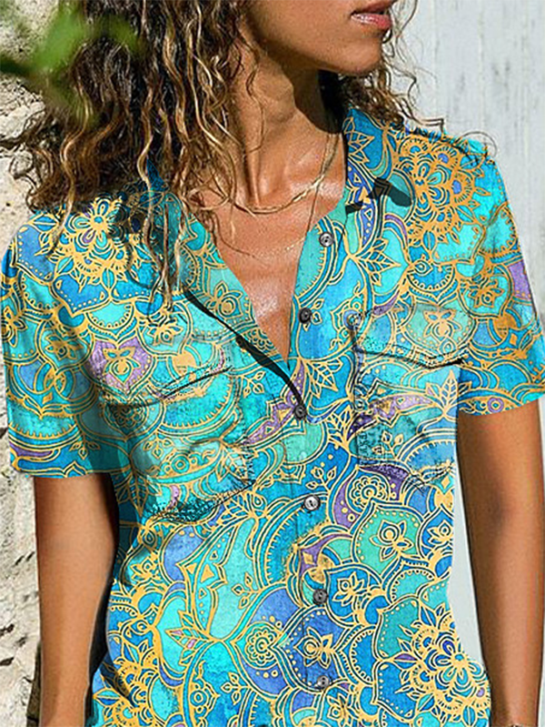 Printed Shirt Collar Short Sleeve Casual Shirts & Tops