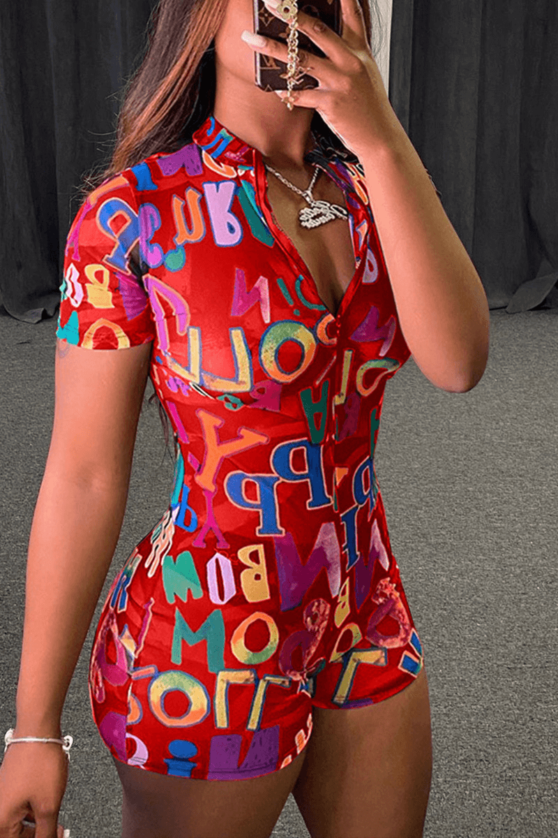 Antmvs Sexy Slim Letter Print Zipper Romper