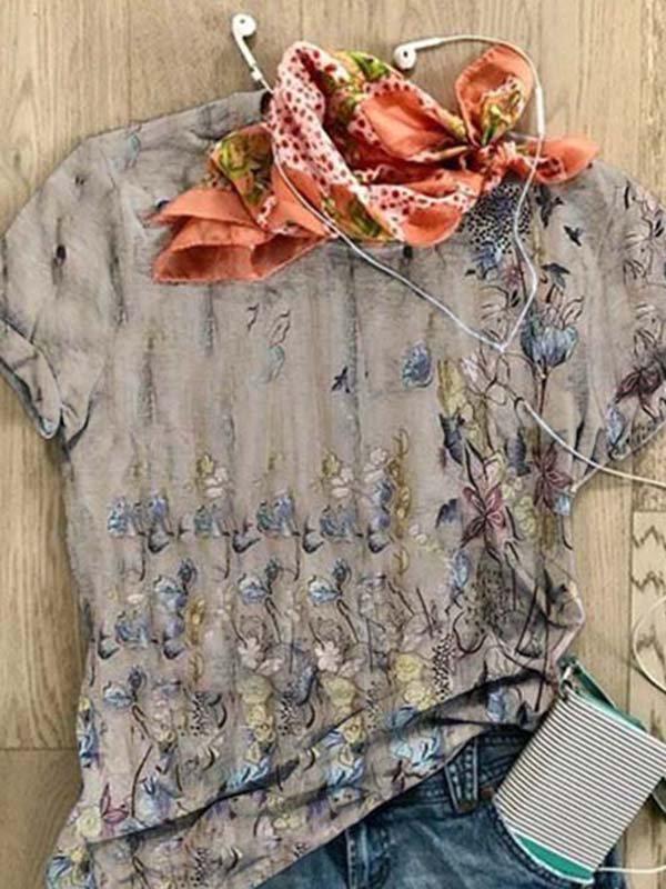 Short Sleeve Casual Crew Neck Floral-print Shirts & Tops