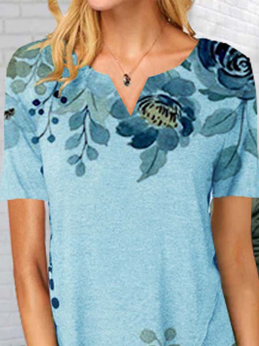 Floral Short Sleeve Printed Cotton-blend V neck Casual Summer Blue Top