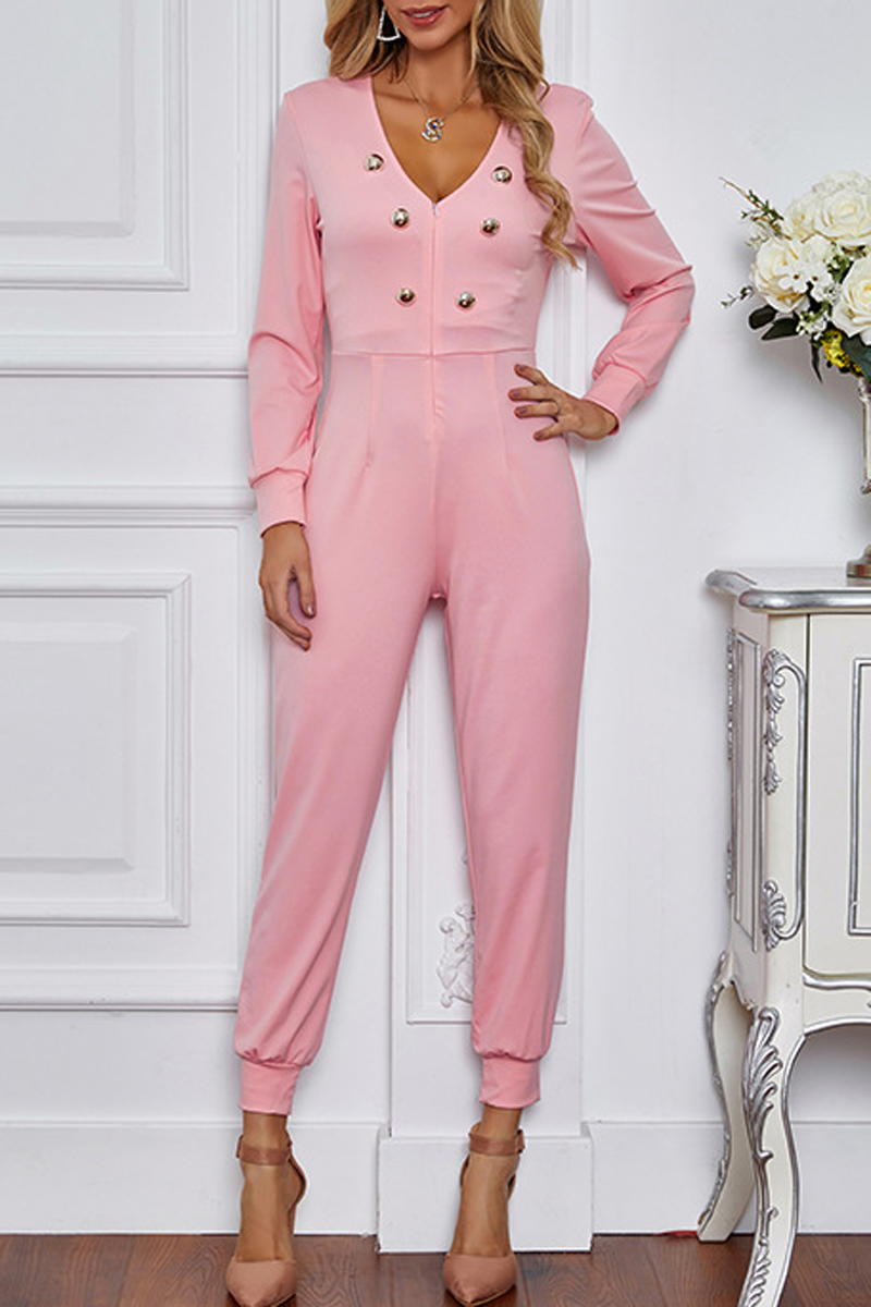Antmvs Deep V-Neck Double Breasted Jumpsuit
