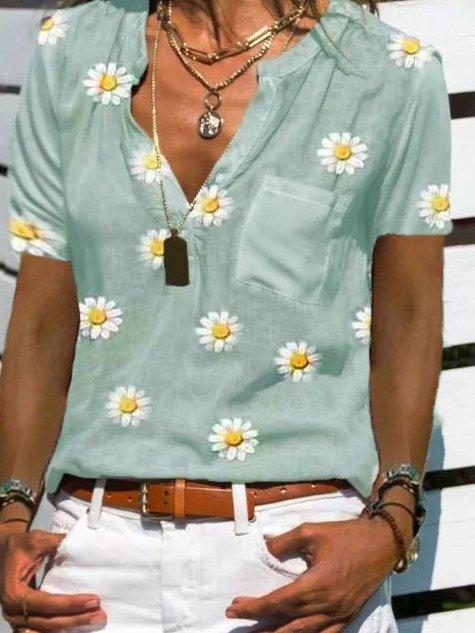 Short Sleeve Stand Collar Casual Floral Shirts & Tops