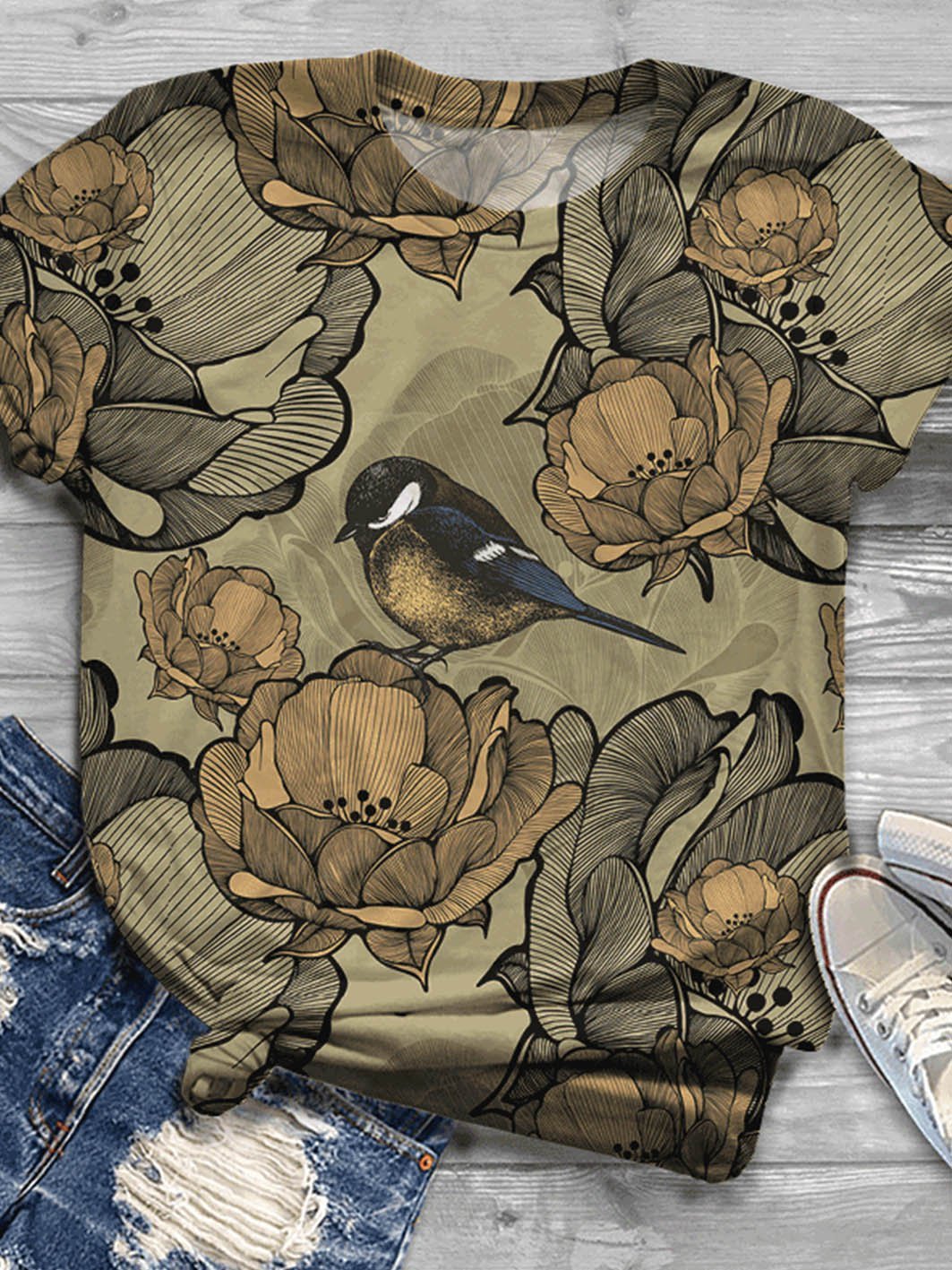 Bird floral print crew neck T-shirt