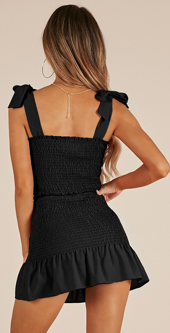 Antmvs Black Shoulder-Ties Smocked Matching Sets