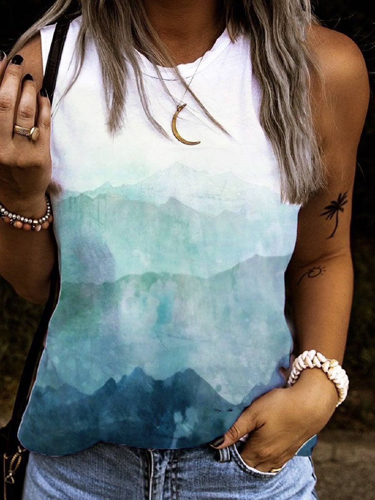 Floral-Print Ombre/tie-Dye Crew Neck Sleeveless Shirts & Tops