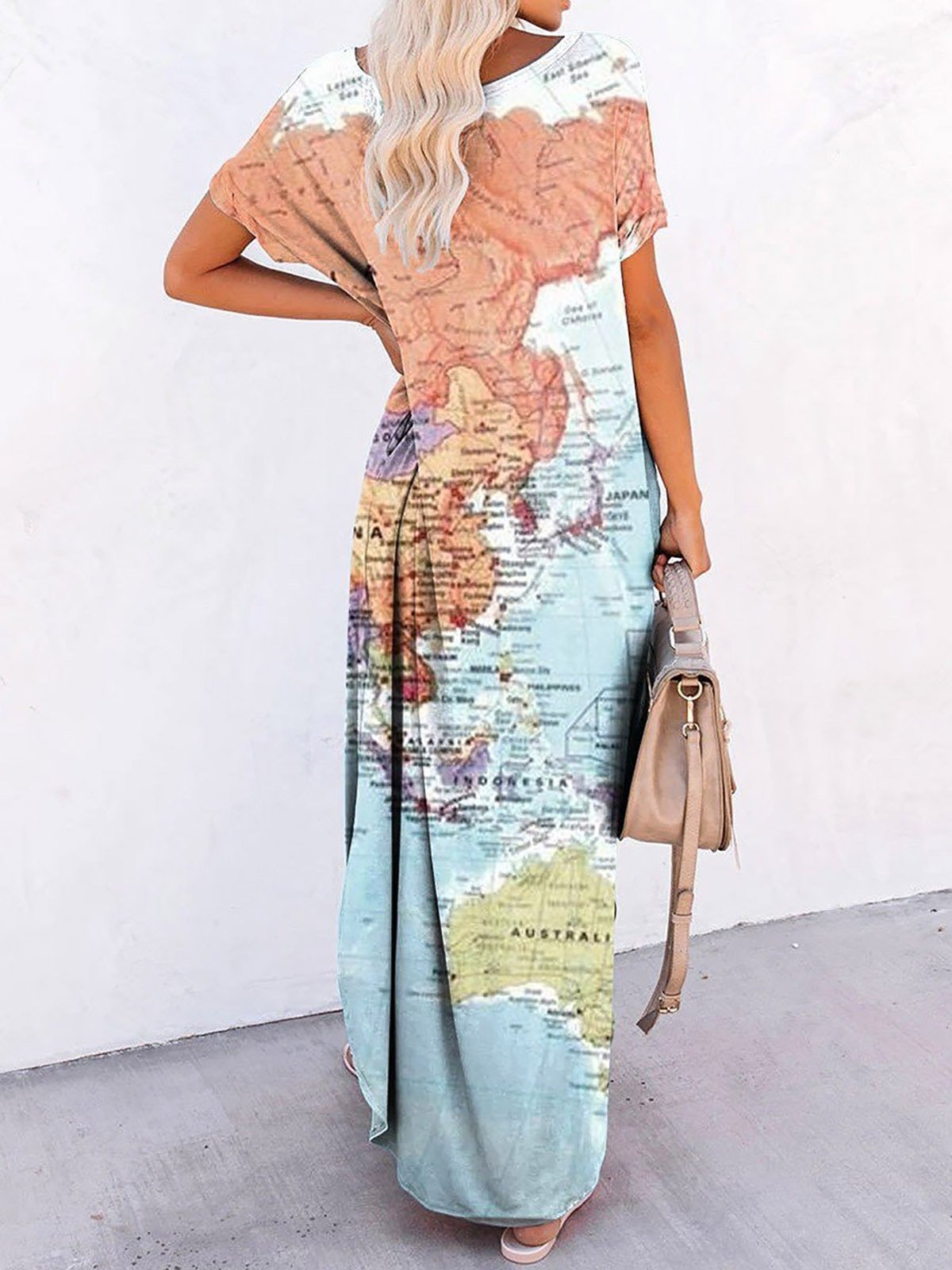 World Map Printing Casual Short Sleeve Maxi Dress