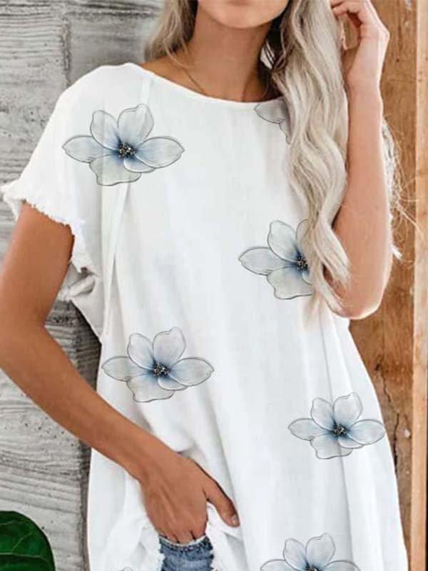 Cotton-Blend Casual Floral-Print Crew Neck Shirts & Tops