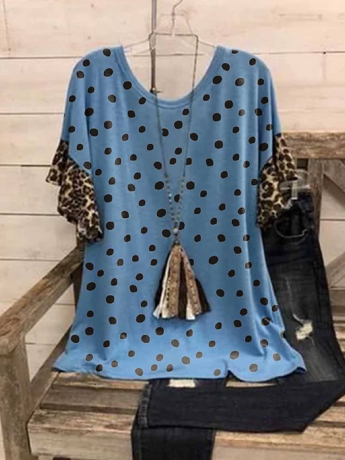 Paneled Cotton-Blend Casual Leopard Shirts & Tops