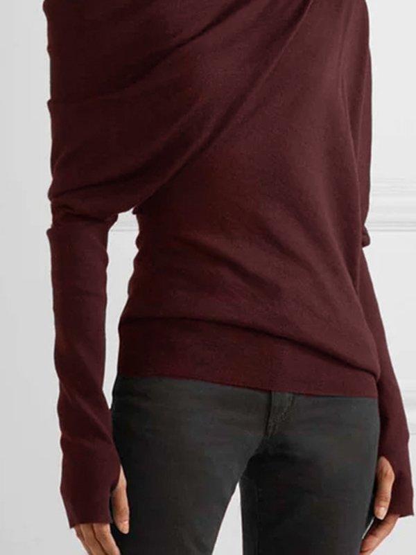 Solid Casual One Shoulder Long Sleeve Shirts & Tops