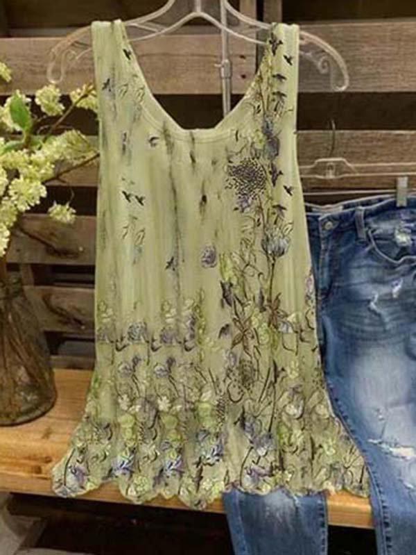 Sleeveless Floral-Print Crew Neck Cotton-Blend Shirts & Tops