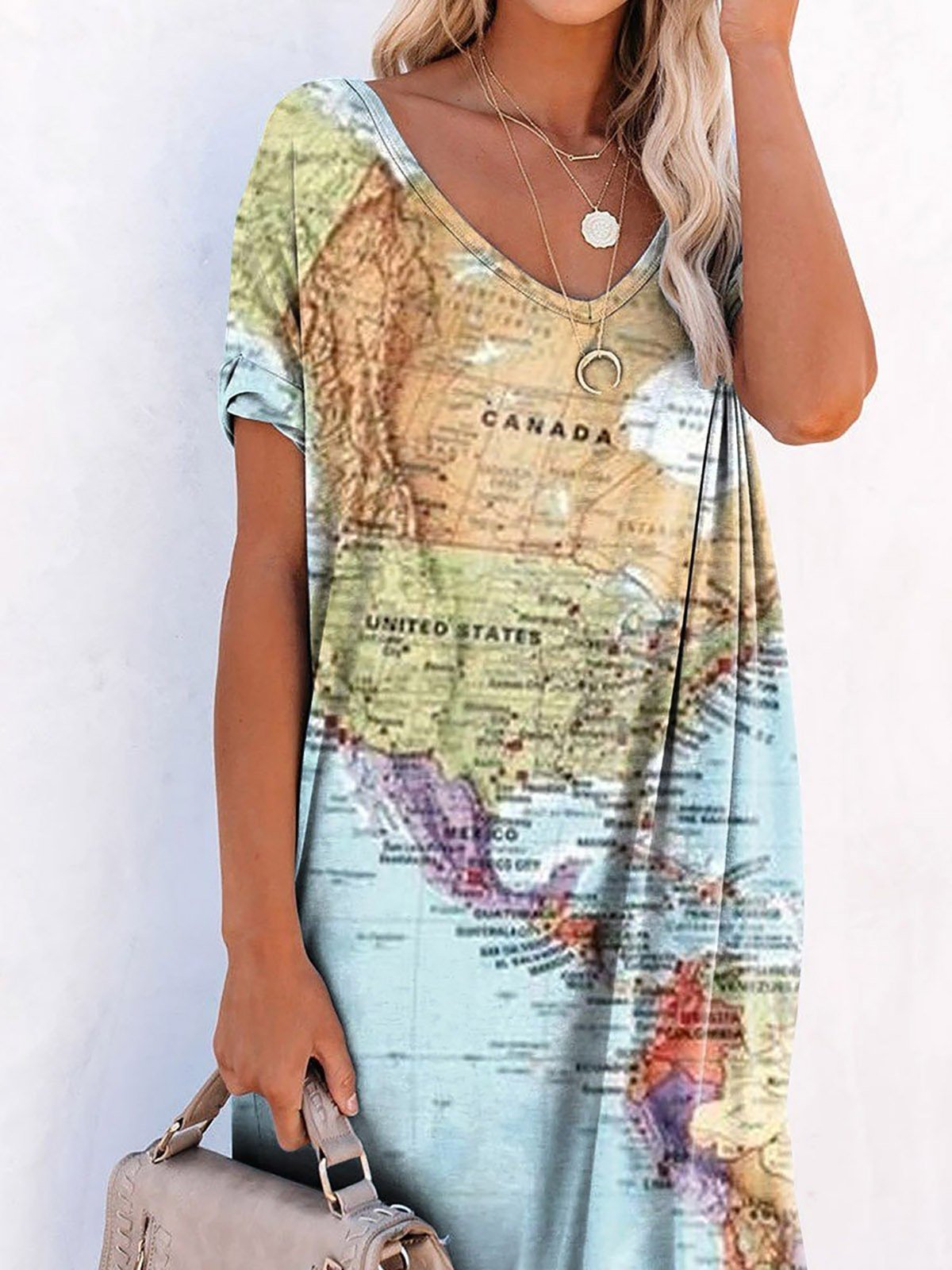 World Map Printing Casual Short Sleeve Maxi Dress