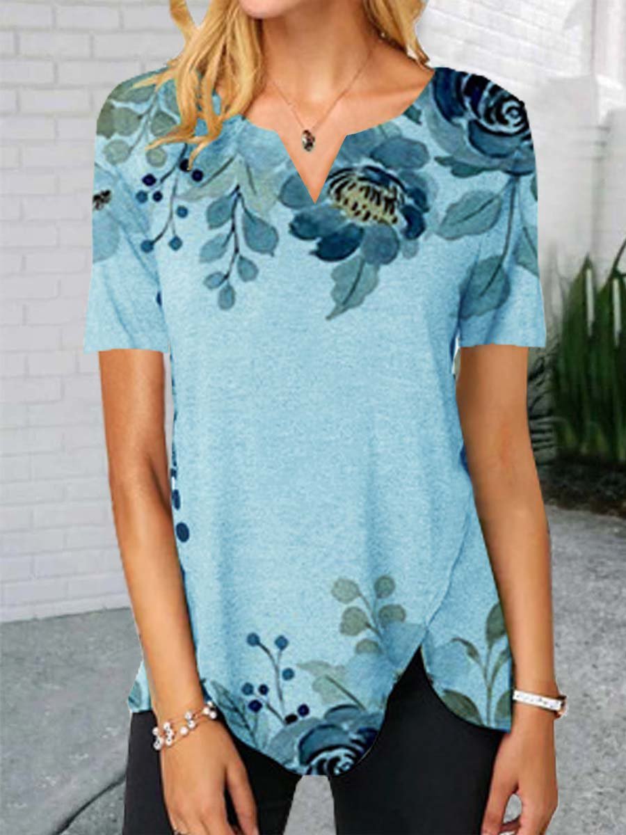 Floral Short Sleeve Printed Cotton-blend V neck Casual Summer Blue Top