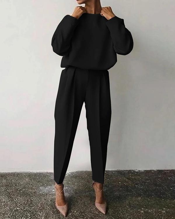 Antmvs Casual Solid Color Round Neck Warm Suit