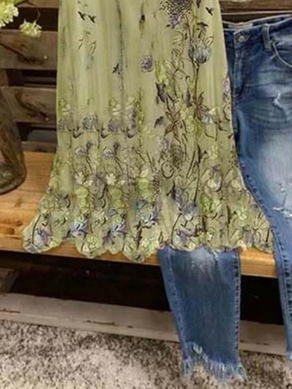 Sleeveless Floral-Print Crew Neck Cotton-Blend Shirts & Tops