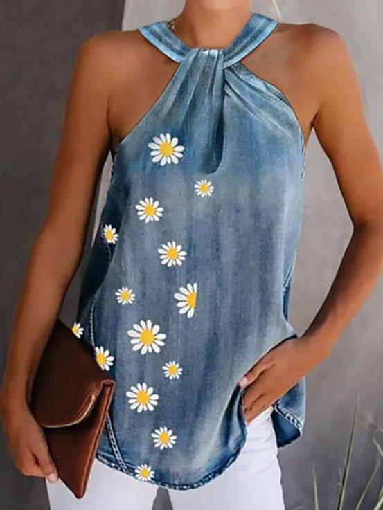 Sleeveless Striped Cotton-Blend Halter Vests