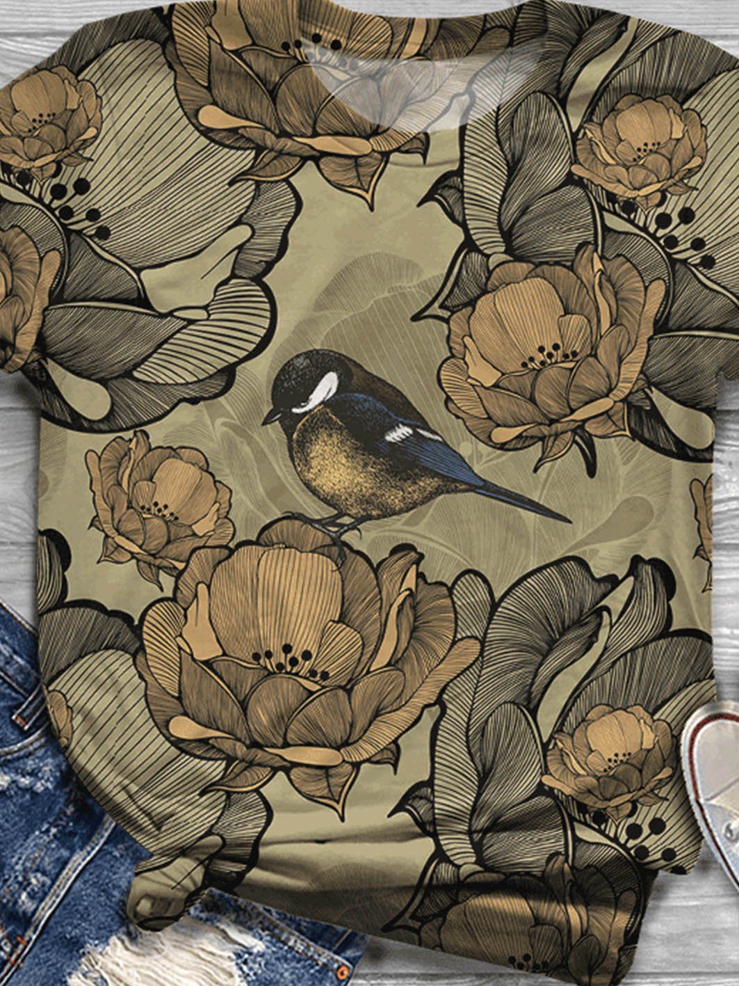 Bird floral print crew neck T-shirt