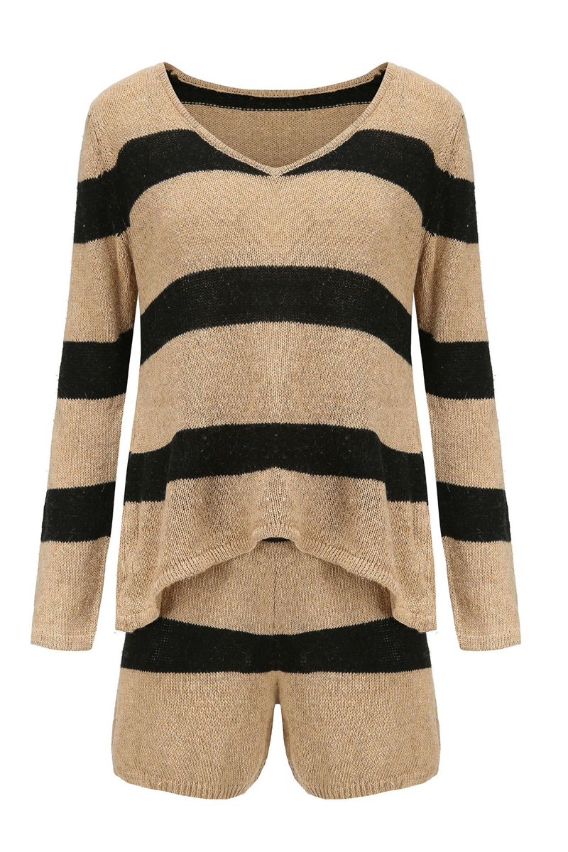 Antmvs Striped V-Neck Knit Two Pieces Sets