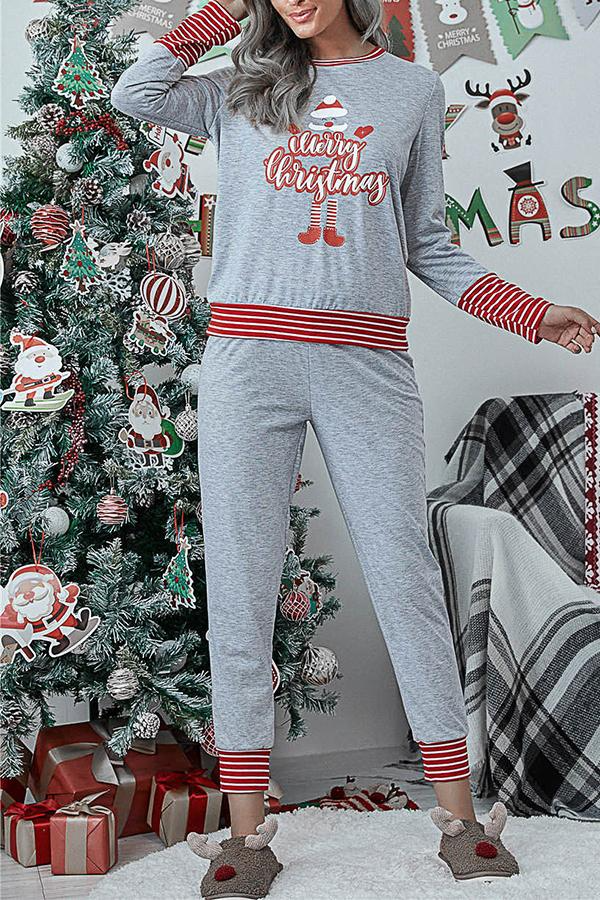 Antmvs Letter Christmas Stripe Print Pajamas Sets