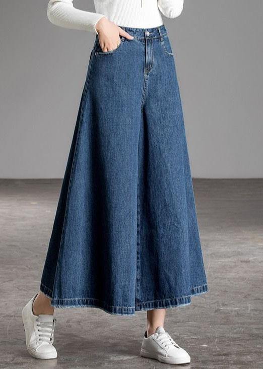 Antmvs Bohemian Blue High Waist Pockets Wide Leg Fall Denim Pants