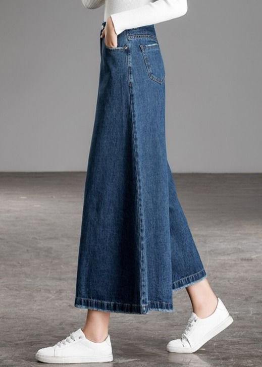 Antmvs Bohemian Blue High Waist Pockets Wide Leg Fall Denim Pants