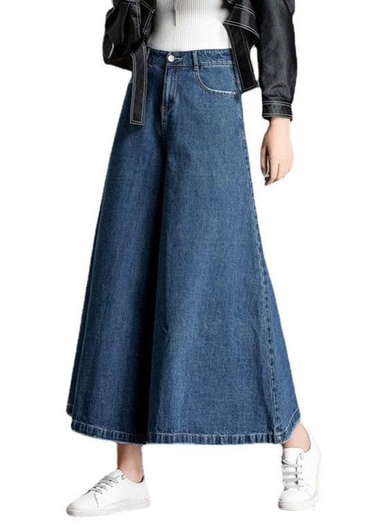 Antmvs Bohemian Blue High Waist Pockets Wide Leg Fall Denim Pants