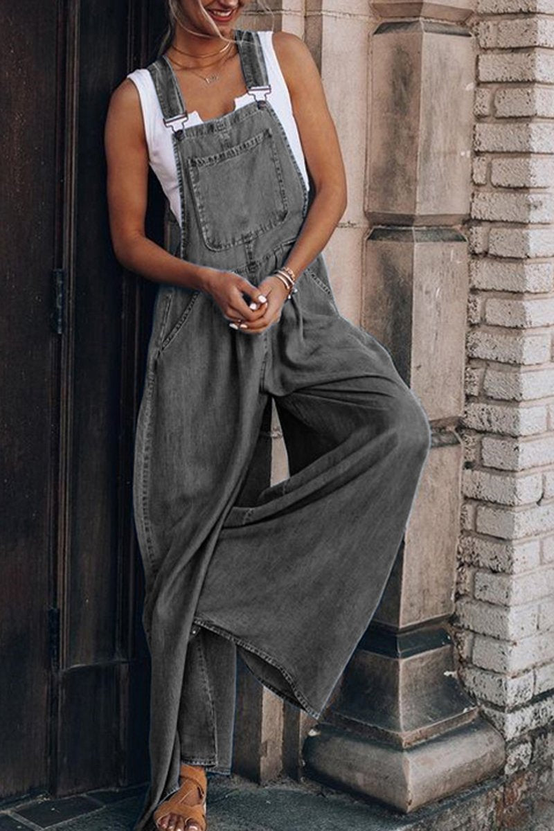 Antmvs Denim Wide Leg Suspenders Jumpsuit