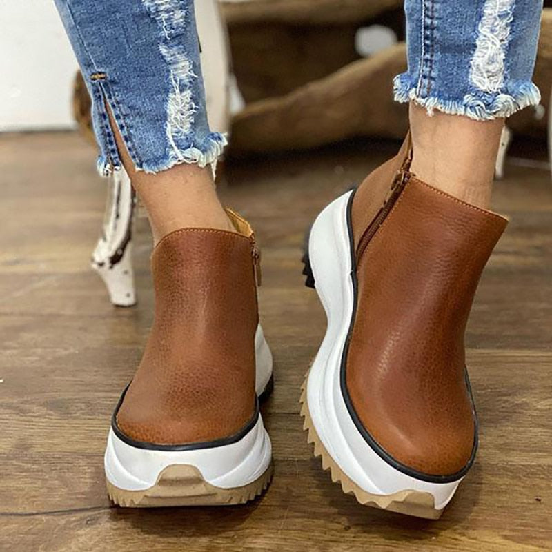 antmvs Women's Ankle Boots Round Toe Side Zipper White Bottom Ladies Platform Shoes Solid Color Daily Walking Female Casual Shoes