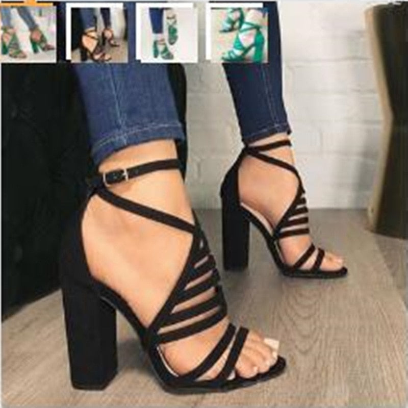 Sandalias Mujer Women Sandals Gladiator High Heels Strap Pumps Cut Buckle Strap Shoes Fashion Summer Ladies Shoes 43