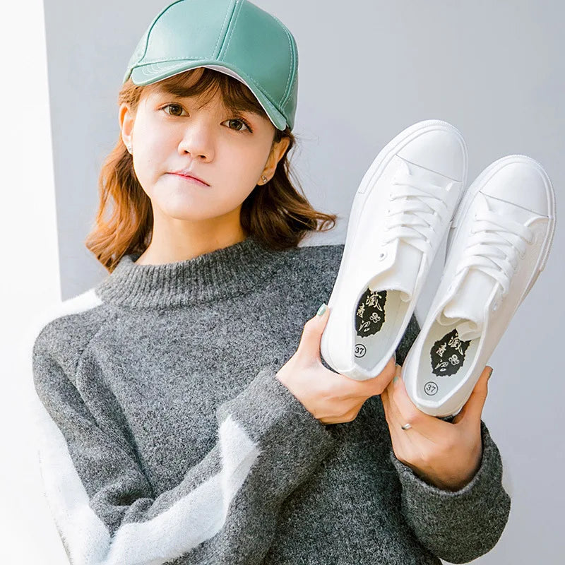 antmvs-White Woman Casual Shoes Spring Autumn Female Canvas Shoes Thick Bottom Lace Up Ladies Flats Fashion High Quality Footwear