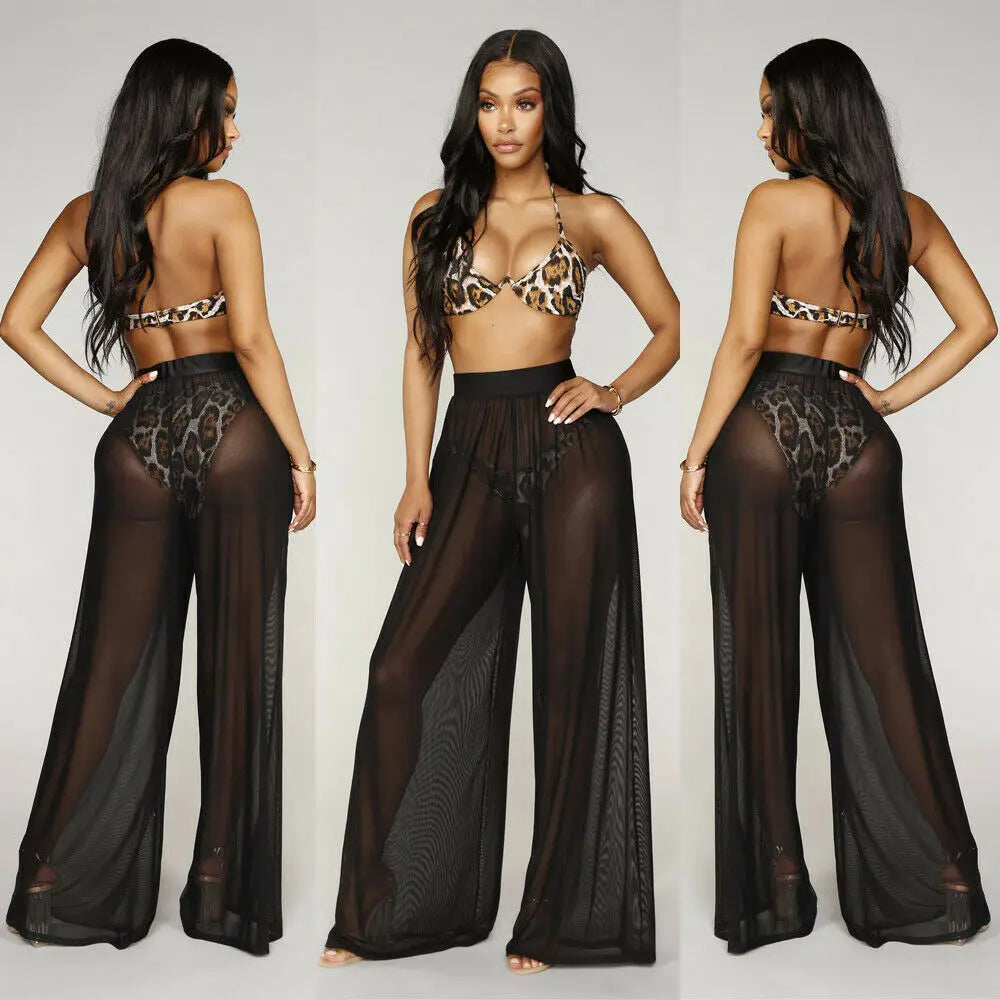 antmvs-Hot Sale Sexy Women Long Mesh Sheer Pants Beachwear See-Through High Wasit Swimsuit Trunks Loose Pant Wide Leg Trousers