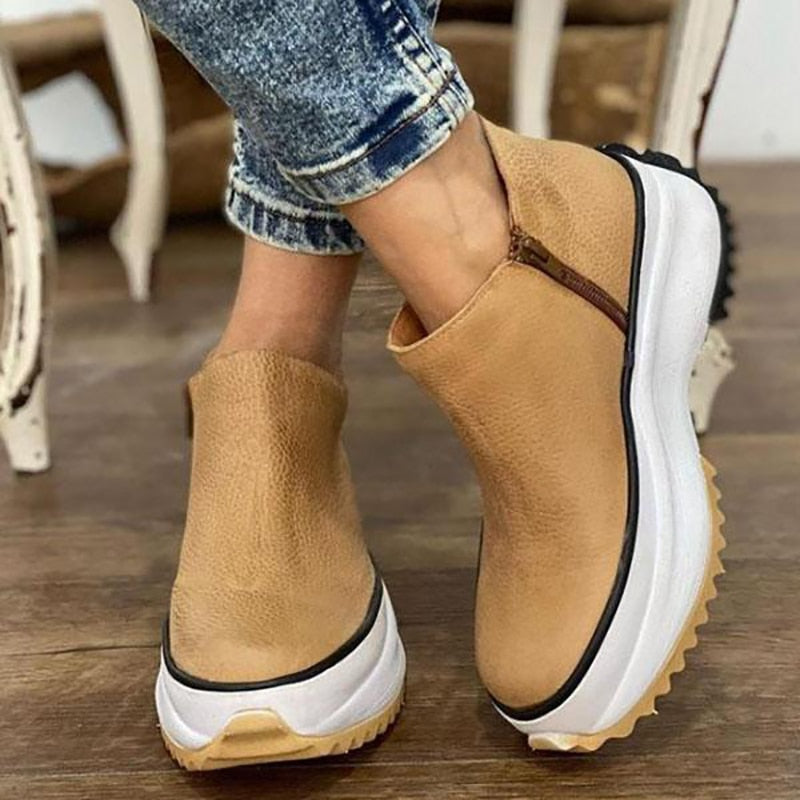 antmvs Women's Ankle Boots Round Toe Side Zipper White Bottom Ladies Platform Shoes Solid Color Daily Walking Female Casual Shoes