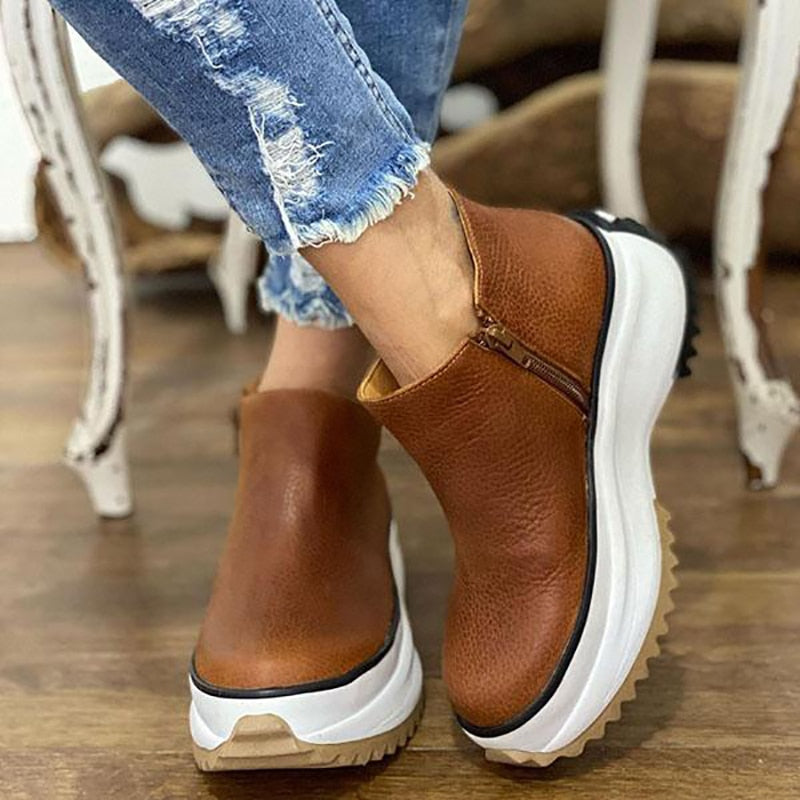 antmvs Women's Ankle Boots Round Toe Side Zipper White Bottom Ladies Platform Shoes Solid Color Daily Walking Female Casual Shoes