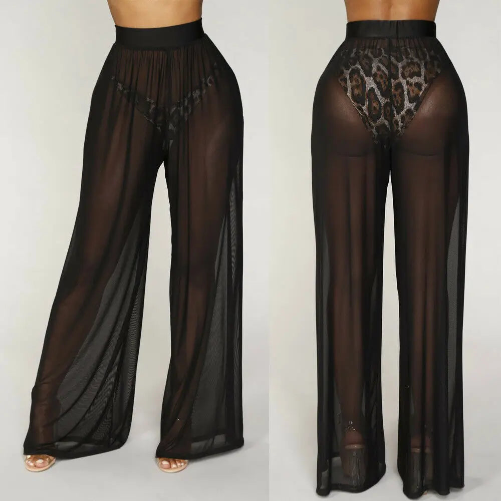 antmvs-Hot Sale Sexy Women Long Mesh Sheer Pants Beachwear See-Through High Wasit Swimsuit Trunks Loose Pant Wide Leg Trousers