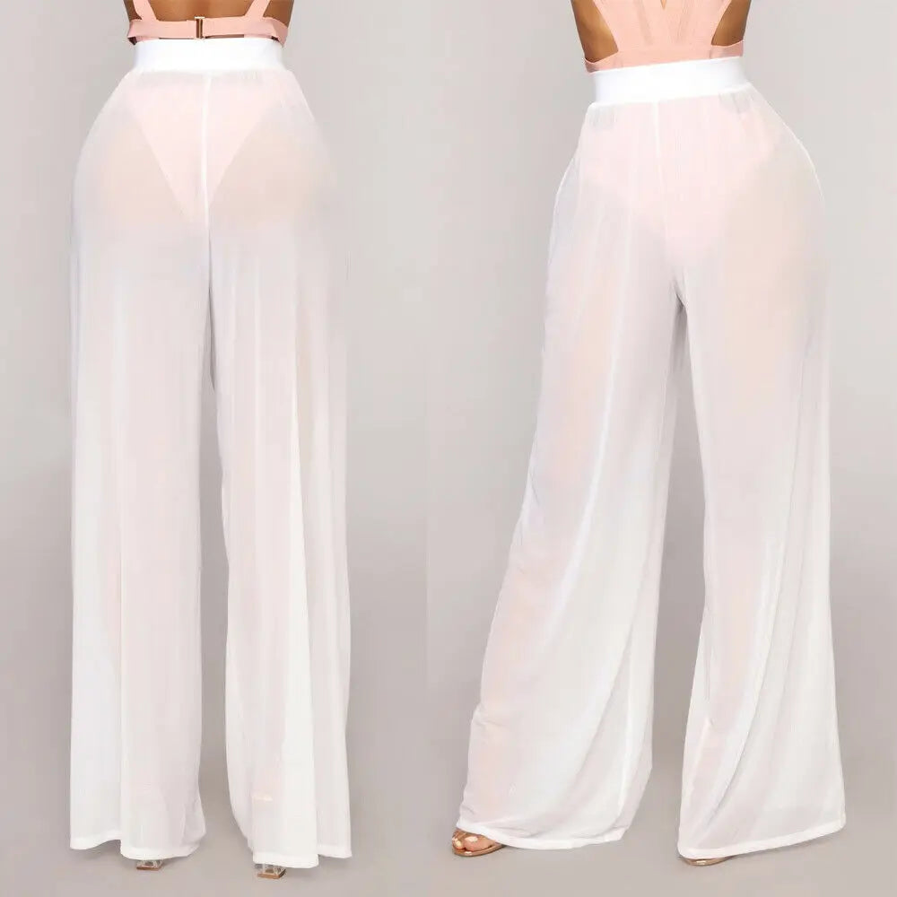 antmvs-Hot Sale Sexy Women Long Mesh Sheer Pants Beachwear See-Through High Wasit Swimsuit Trunks Loose Pant Wide Leg Trousers
