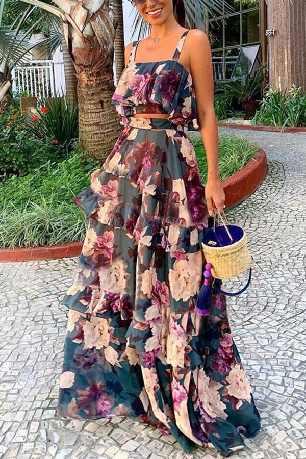 Antmvs Elegant Floral Print Princess Cake Dress Suit