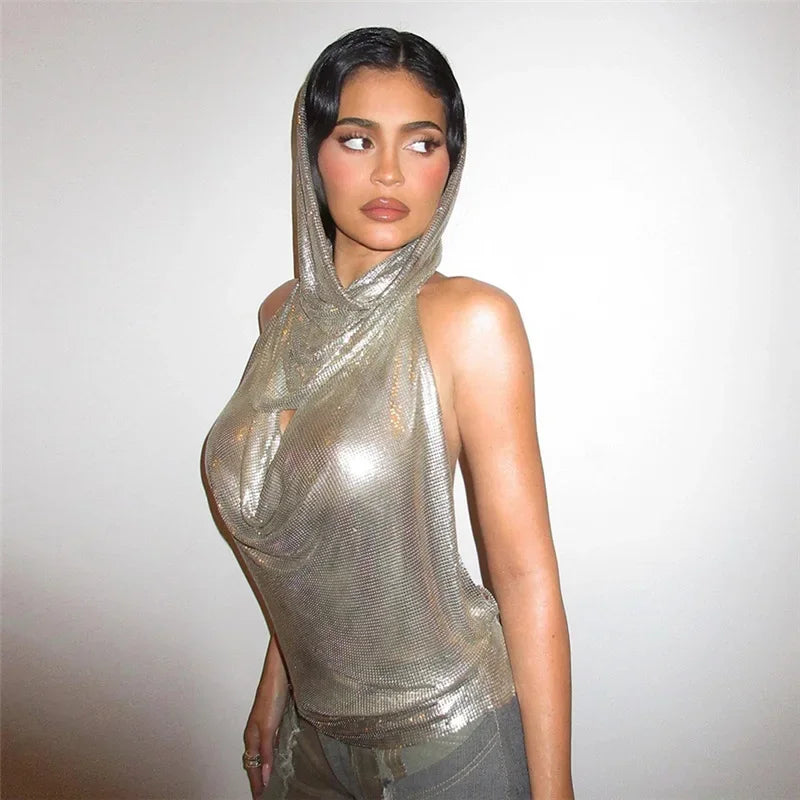 antmvs-Sexy with Hat Pile Collar Backless Silvery T Shirt Women Sleeveless Bottoming Shirt Ladies Tee Shirt Tops Camisetas Mujer