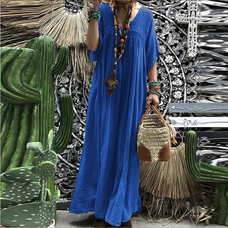 antmvs-Sexy V-neck Hollow Lace Long Party Dress Women Spring Casual High Waist Loose Boho Dress Summer Short Sleeve Female Maxi Dresses