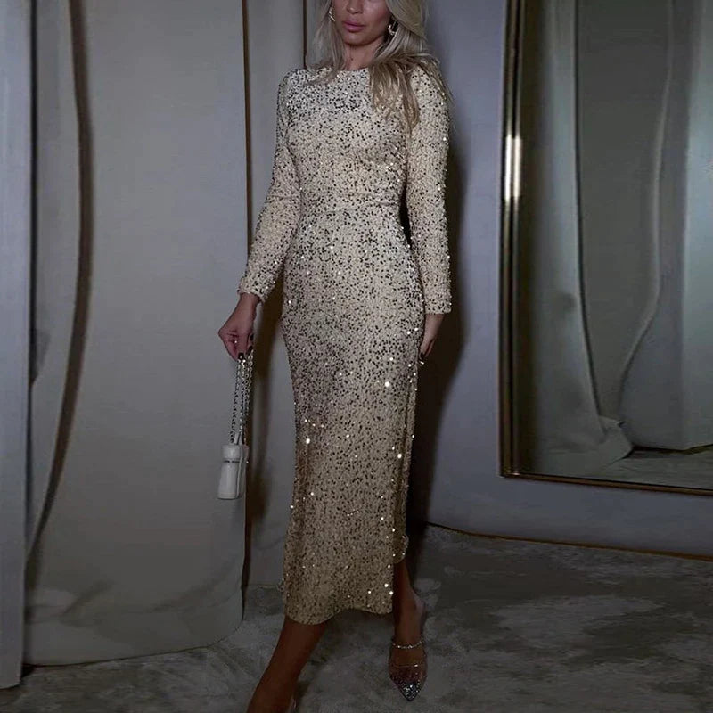 antmvs-Women Dress Sexy Shiny Glitter Sequin Long Party Dress Spring Autumn O-neck Long Sleeve Slim Bodycon Maxi Dresses Vestidos