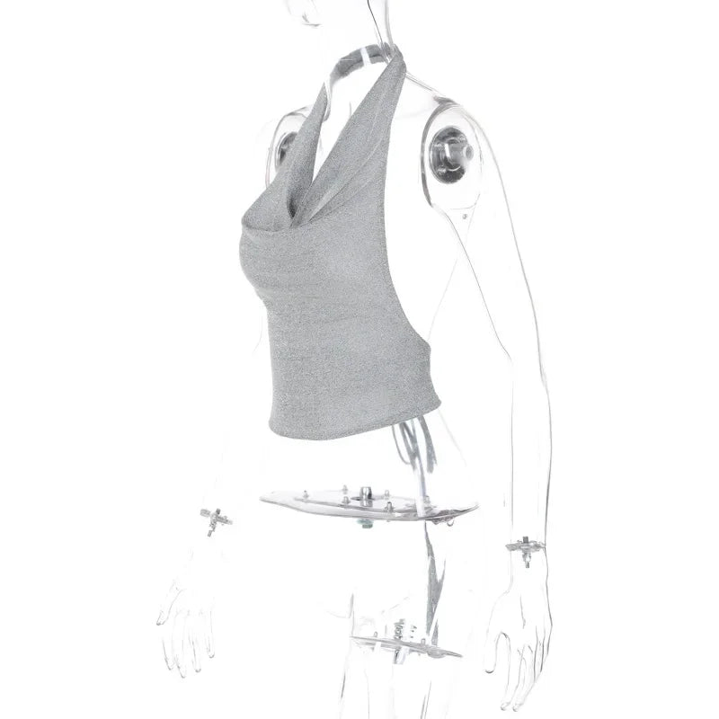 antmvs-Sexy Tank Top Shiny Silver Silk Reflective Halter Crop Tops Women Bandage Backless Camisole Female Sleeveless Cropped Vest