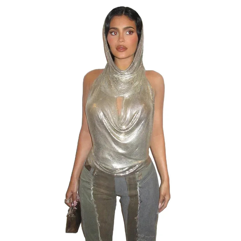 antmvs-Sexy with Hat Pile Collar Backless Silvery T Shirt Women Sleeveless Bottoming Shirt Ladies Tee Shirt Tops Camisetas Mujer