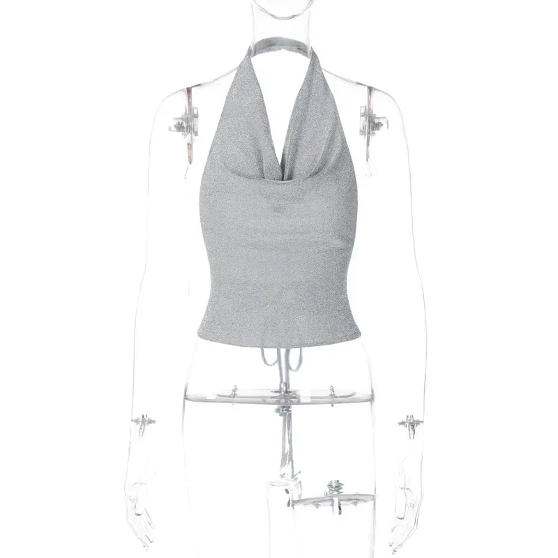 antmvs-Sexy Tank Top Shiny Silver Silk Reflective Halter Crop Tops Women Bandage Backless Camisole Female Sleeveless Cropped Vest