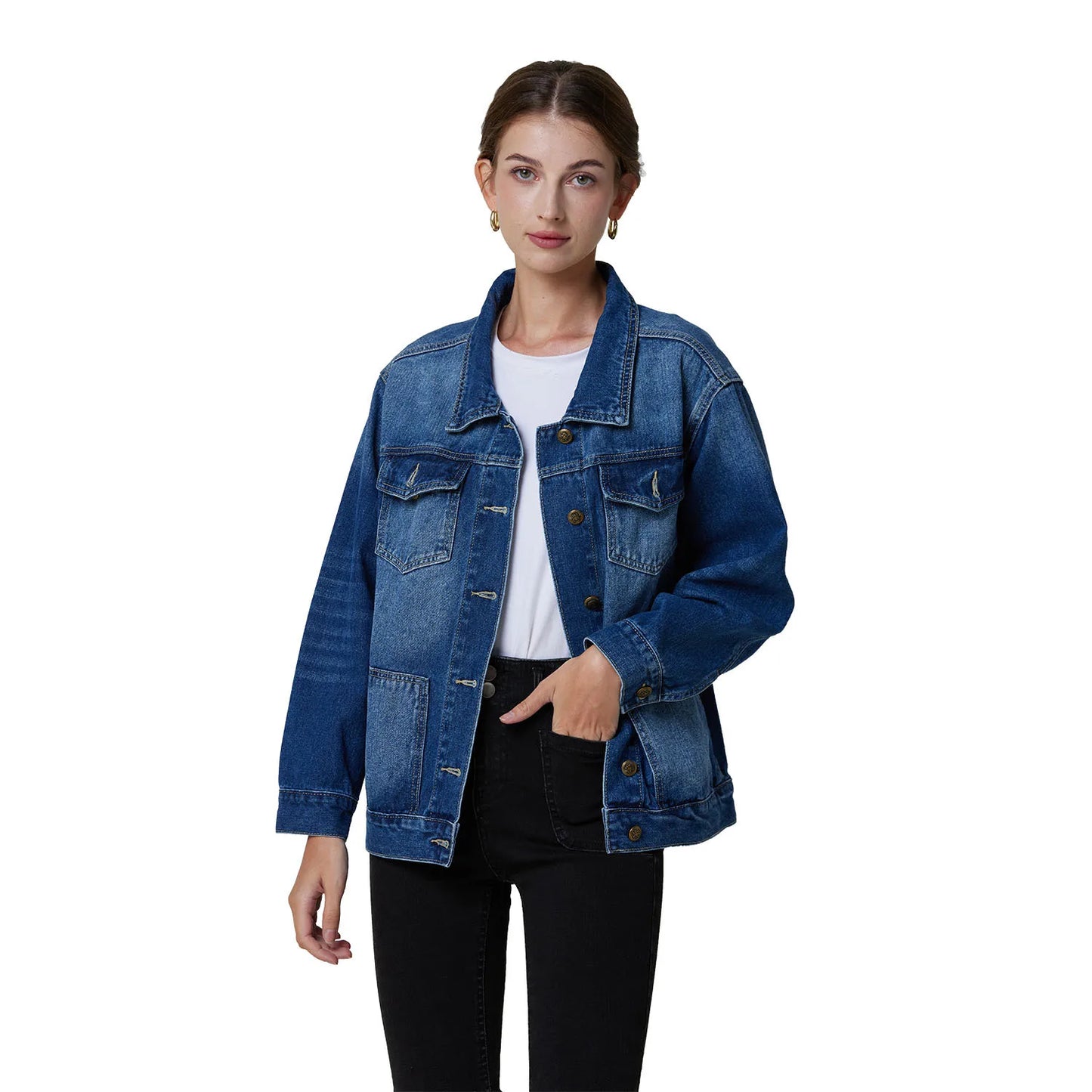 antmvs-New Spring Autumn Single-breasted Womens Denim Jacket Coat Loose Long Sleeve Tops Casual Jean Coats Female Outerwear