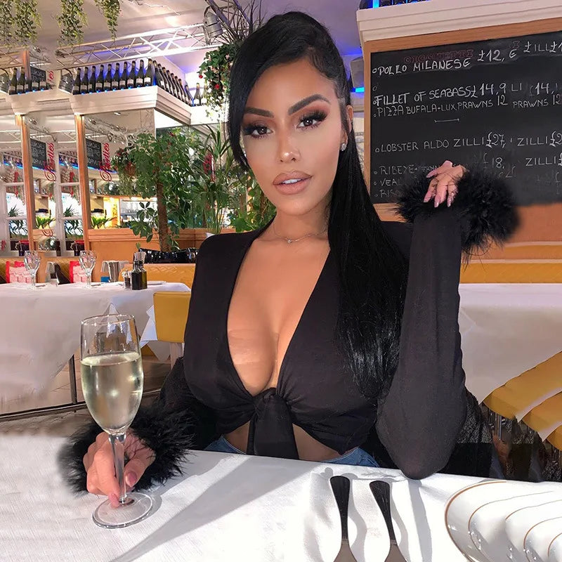 antmvs-Sexy Bandage Wrap Chest V Neck Bare Midriff Short T Shirt Women Fluffy Long Sleeves Bottoming Shirt Ladies T Shirt Tops Mujer