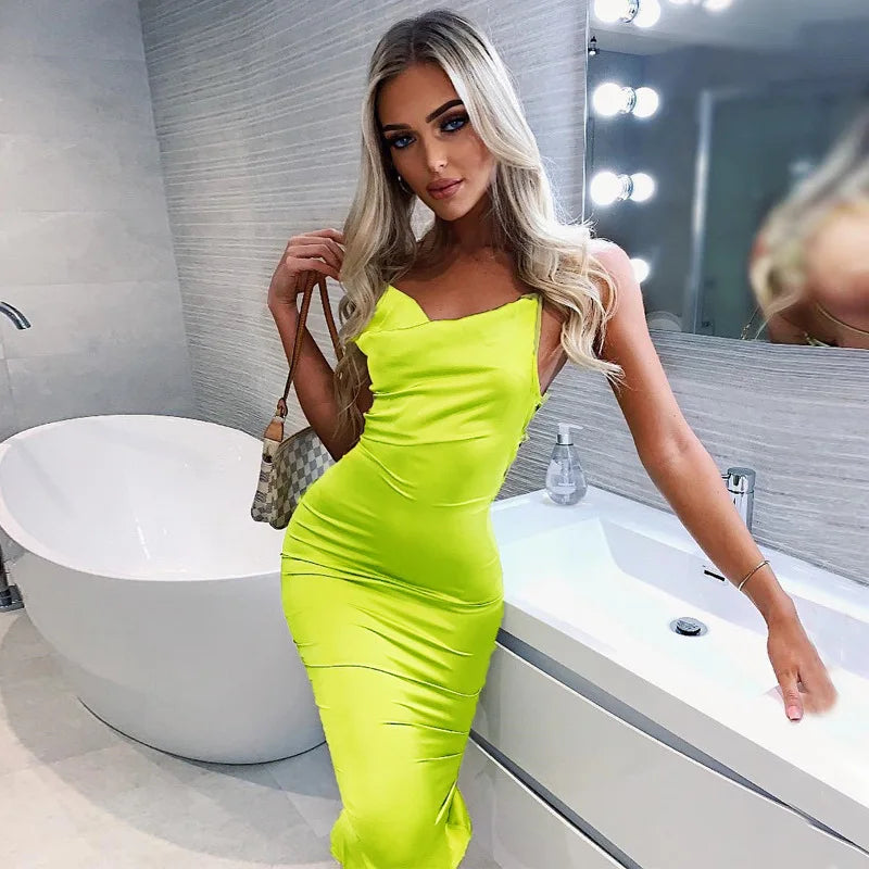 antmvs-Neon Satin Lace Up Women's Long Midi Dress Light Pink Bodycon Backless Elegant Party Sexy Club Clothes Summer Dinner Outfit