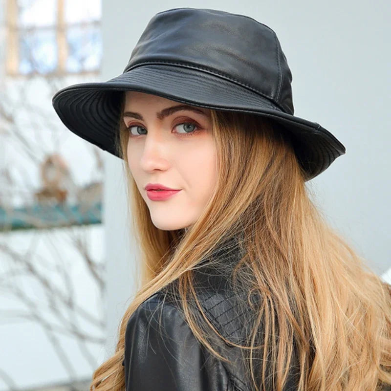 antmvs- New Spring/Winter Japanese Women Genuine Leather Bucket Hats Men/Women Black Fisherman Caps Easy Carry Street Bonnet