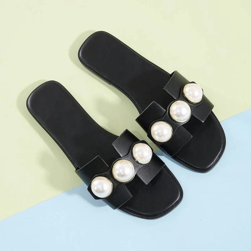 antmvs-New Women's Slippers Fashion Casual Pearl Solid Color Flats Simple Outdoor Comfort Soft Sole Beach Sandals Sandalias Femininas
