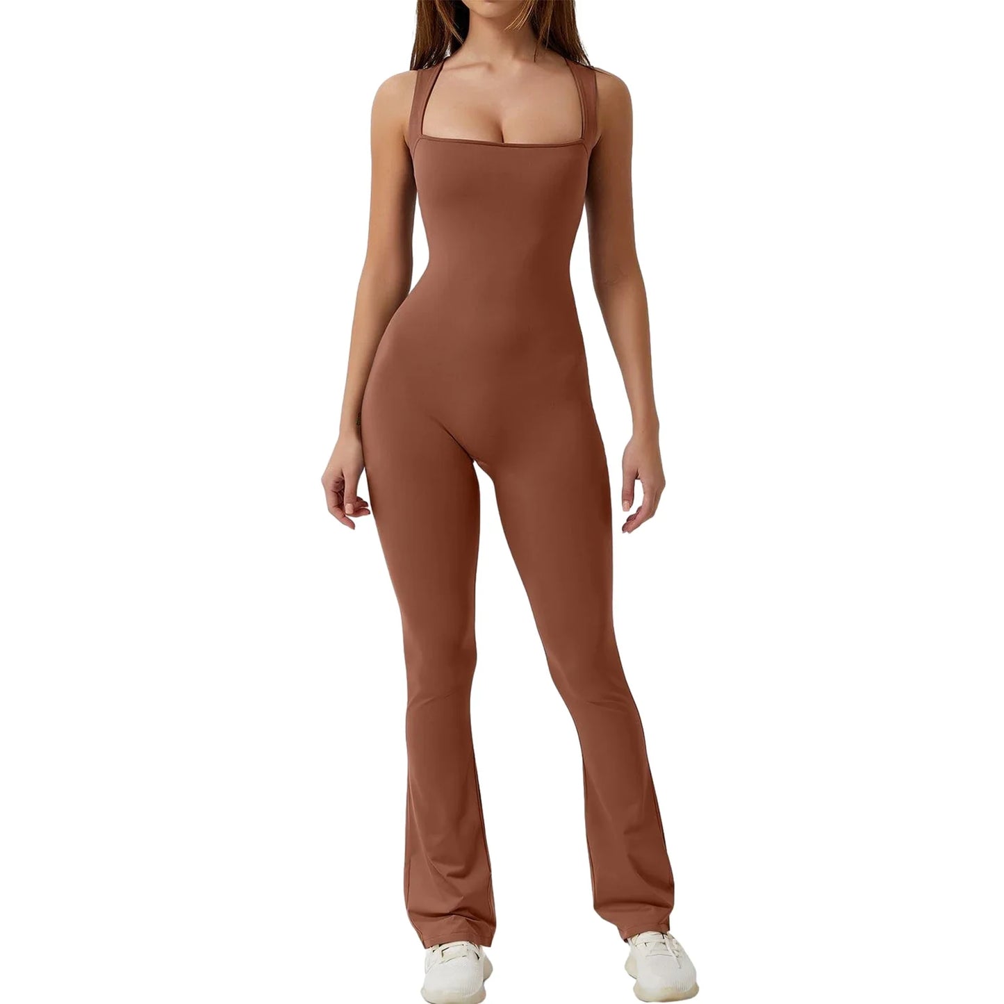 antmvs-Women's Full-Length Tank Slim and Sexy Jumpsuit Solid Color Long Sleeve Low Cut Square Neck Bodycon Romper for Yoga