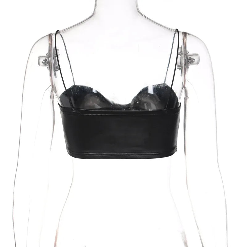 antmvs-Sexy Bow Tie Shape Bare Midriff PU Halter Crop Tops Women Bustier Tank Top Backless Camisole Female Sleeveless Cropped Vest