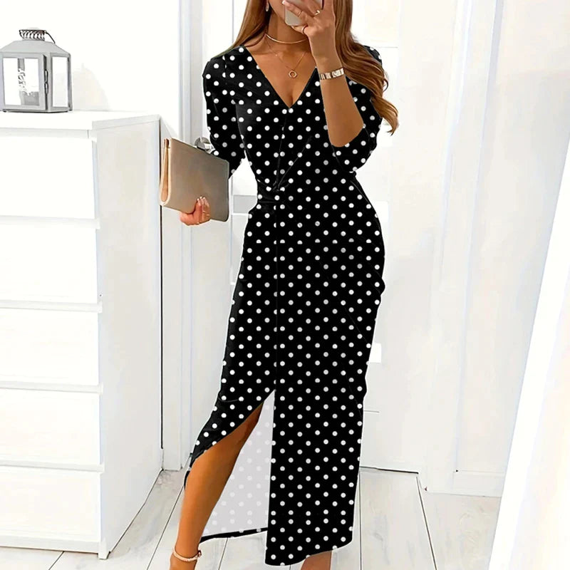 antmvs-Women Elegant Diamond Print Slit Long Dress Spring Sexy V-neck High Waist Tunic Party Dress Autumn Long Sleeve Slim Office Dress