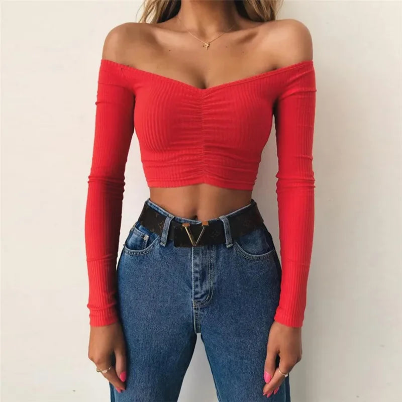 antmvs-Sexy Off Shoulder Bare Midriff Folds Rib T Shirt Women Long Sleeves Slash Neck Short Tshirt Ladies Tee Shirt Camisetas Mujer